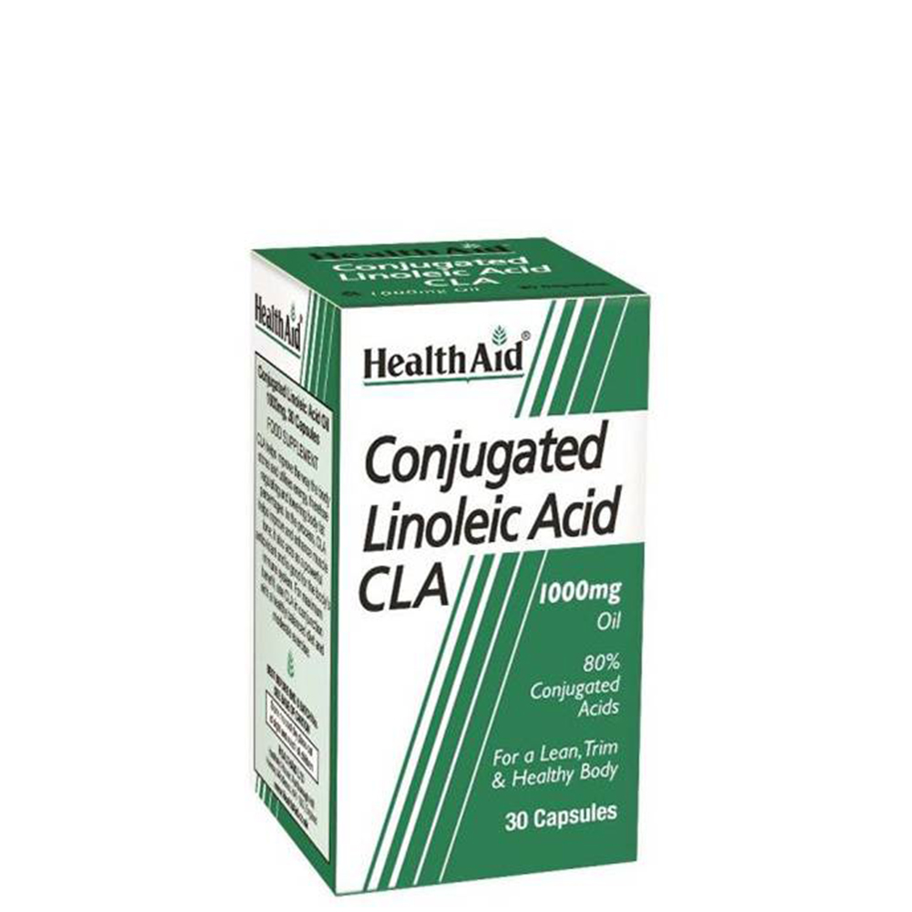 5019781000753 Health Aid CLA Conjugated Linoleic Acid 30caps. Το Συζευγμένο Λινολεϊκό Οξύ βοηθά στην καύση των λιπών και τη γράμμωση των μυών, ιδιαίτερα όταν συνδυάζεται με ισορροπημένη δίαιτα και γυμναστική.